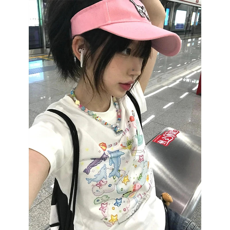 Chic Dollette Hotsweet Slim Damen T-Shirt Kurzarm Koreanische Mode 2000er Kleidung Sommer Top Print Grafik T-Shirts