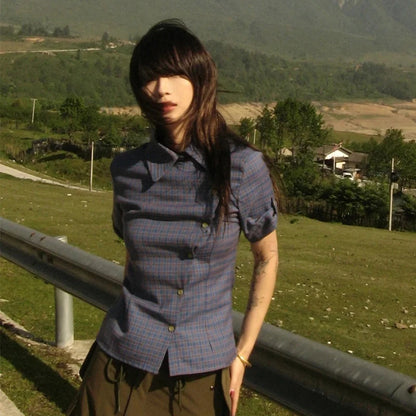 Chic Dollette Chemise Vintage Manches Courtes Irrégulière Décontractée à Carreaux Années 2000 Japonaise Été T-shirt E-girls Streetwear