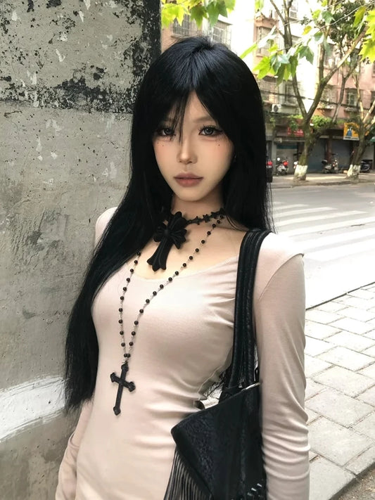 Chic Dollette Vintage T-shirt Patchwork Moulant Manches Longues Haut Streetwear Rétro Américain Années 90 T-shirts Automne Hiver