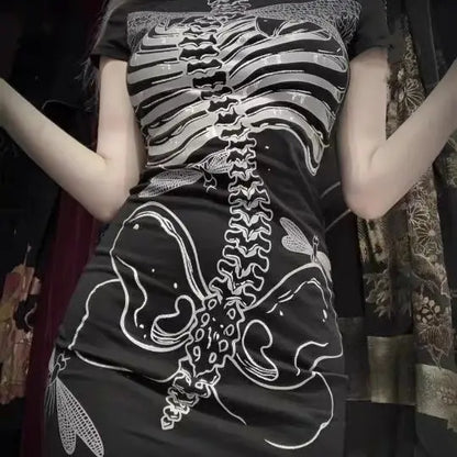 Robe courte Chic Dollette Harajuku Fashion imprimé libellule abstraite sombre os E-girl moulante gothique punk sexy streetwear