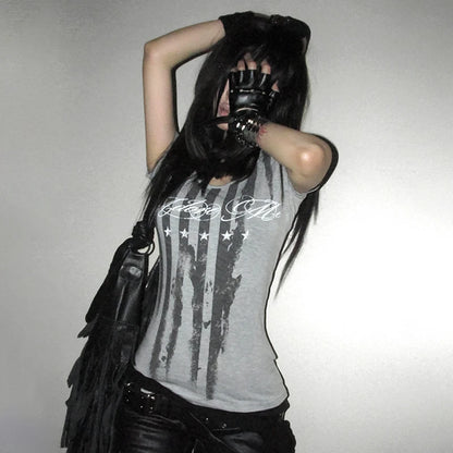 Chic Dollette Striped Letter Print T-shirt Grunge Aesthetics Short Sleeve Tee Shirt Vintage Punk Streetwear American Retro