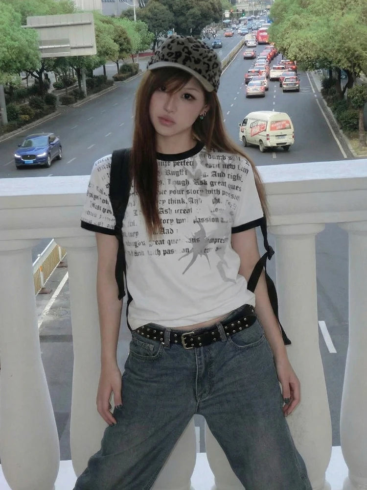 Chic Dollette American Retro  T-shirt Women Short Sleeve Print Graphic Tops Streetwear Y2k Aesthetic Vintage Tops Tee Japanese 2000s