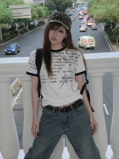 Chic Dollette American Retro  T-shirt Women Short Sleeve Print Graphic Tops Streetwear Y2k Aesthetic Vintage Tops Tee Japanese 2000s