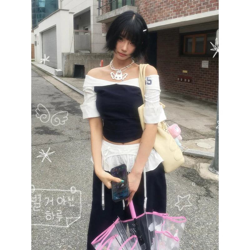 Schickes Dollette Harajuku Patchwork T-Shirt Dreiviertelarm Spanisches Shirt Vintage Crop Top Sommer Grunge Grafik-T-Shirts Japanische 2000er