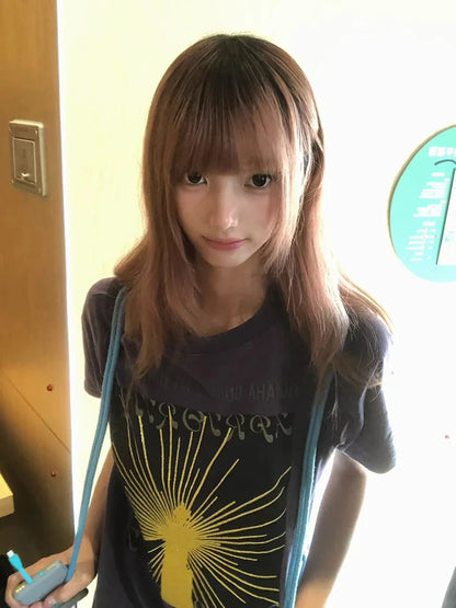 Chic Dollette Japanese Print Graphic Tops Short Sleeve American Retro Vintage Tops Washed Casual T Shirts 2000s Aesthetic Summer