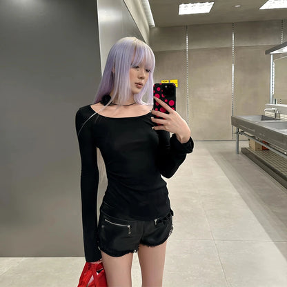 Chic Dollette Japanisches T-Shirt Unregelmäßiges Hollow Out Skinny Print Crop Top Patchwork Spitze T-Shirt Streetwear T-Shirts Grunge