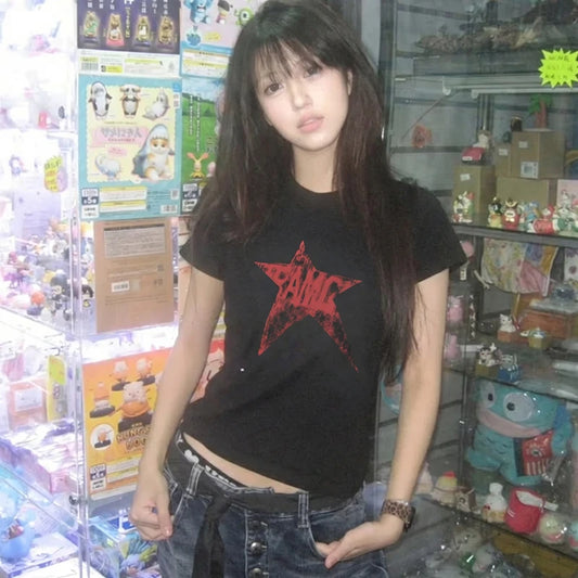 Chic Dollette Y2k Japanese Vintage Tops Black Print Graphic Top Tee Streetwear American Retro T Shirt Women E-girls 2000s Crop Tops