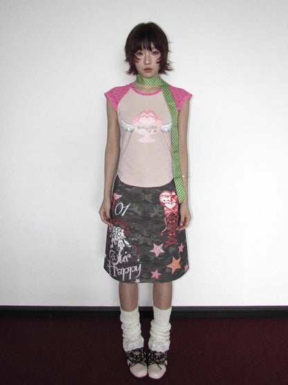 Chic Dollette Petite Y2k 3D Digital Print Camouflage Skirt Retro Punk Graffiti Star High Waist Slit Knee Long Skirt Women Streetwear