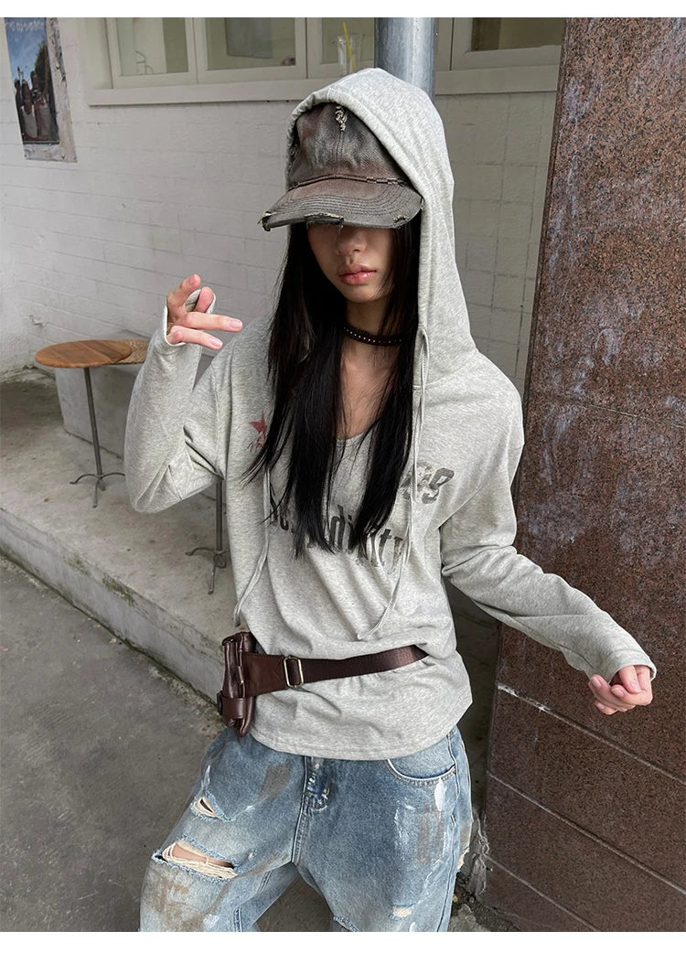 Schickes Dollette Vintage Grafik-Top Langarm Japanisches T-Shirt mit Kapuze Streetwear Amerikanisches Retro Grunge Top E-Girls