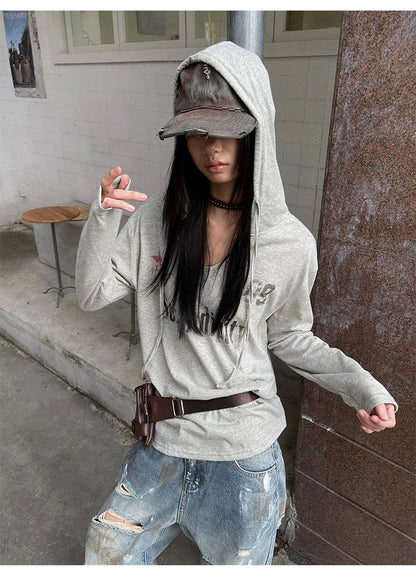 Schickes Dollette Vintage Grafik-Top Langarm Japanisches T-Shirt mit Kapuze Streetwear Amerikanisches Retro Grunge Top E-Girls