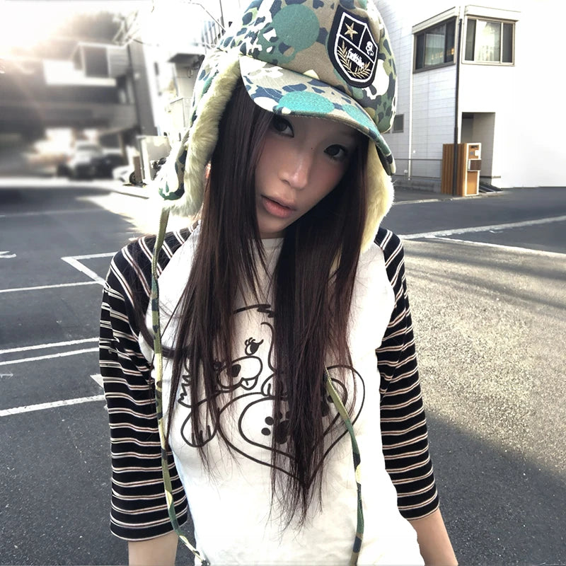 Chic Dollette Japanese Y2k Puppy Print T-shirt Vintage Harajuku Three Quarter Sleeve Tshirt Trashy 2000s Patchwork Tops American Retro