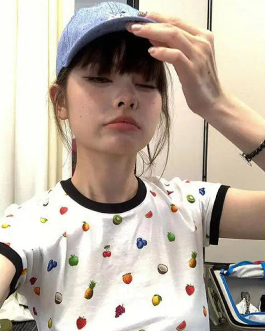 T-shirt imprimé style preppy chic Dollette, vêtements à manches courtes, mode coréenne, haut d'été, T-shirt Harajuku, T-shirt Femme
