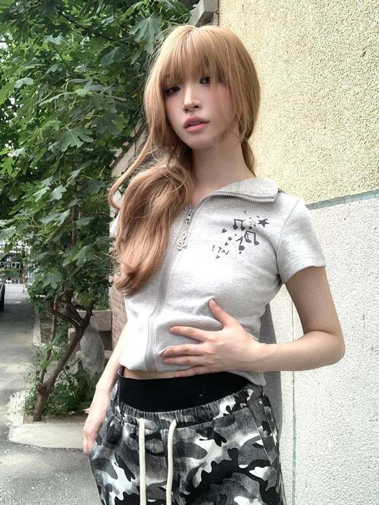 Chic Dollette Preppy Style Gray Printing Casual Cute Rabbit's Ears Hoodie Summer Grunge Zipper Sweatshirts Women Y2k Aesthetic Slim Fit Hoody