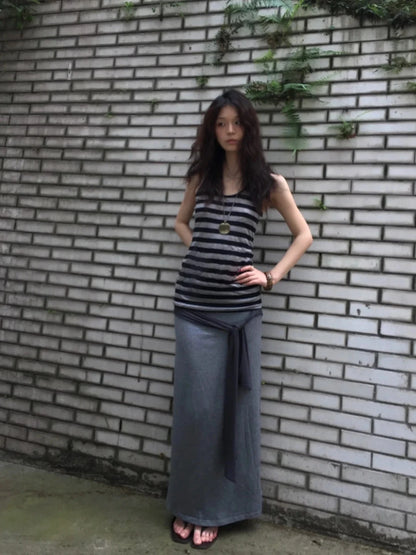 Chic Dollette American Retro Tanktop Gestreifte ärmellose T-Shirts Japanisches Neckholder-Top Rückenfreies Streetwear Grunge Top