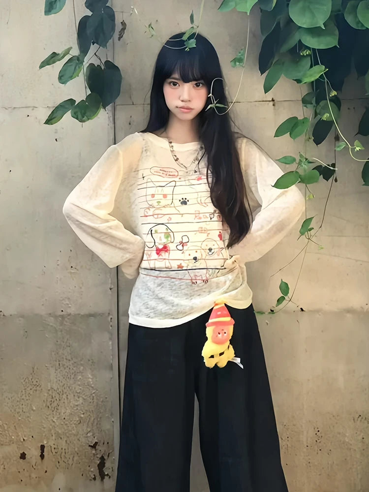 Chic Dollette Sweet Graphic T-Shirts Damen Kleidung Langarm Loose 2000er Kleidung Herbst Top Kawaii T-Shirts Damenbekleidung Chic
