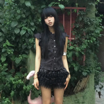 Chic Dollette Y2k Vintage Shirt Women Ruffled Sleeveless Blouse And Shirt 2000s Japanese Grunge Tops American Retro Tank Tops E-girls
