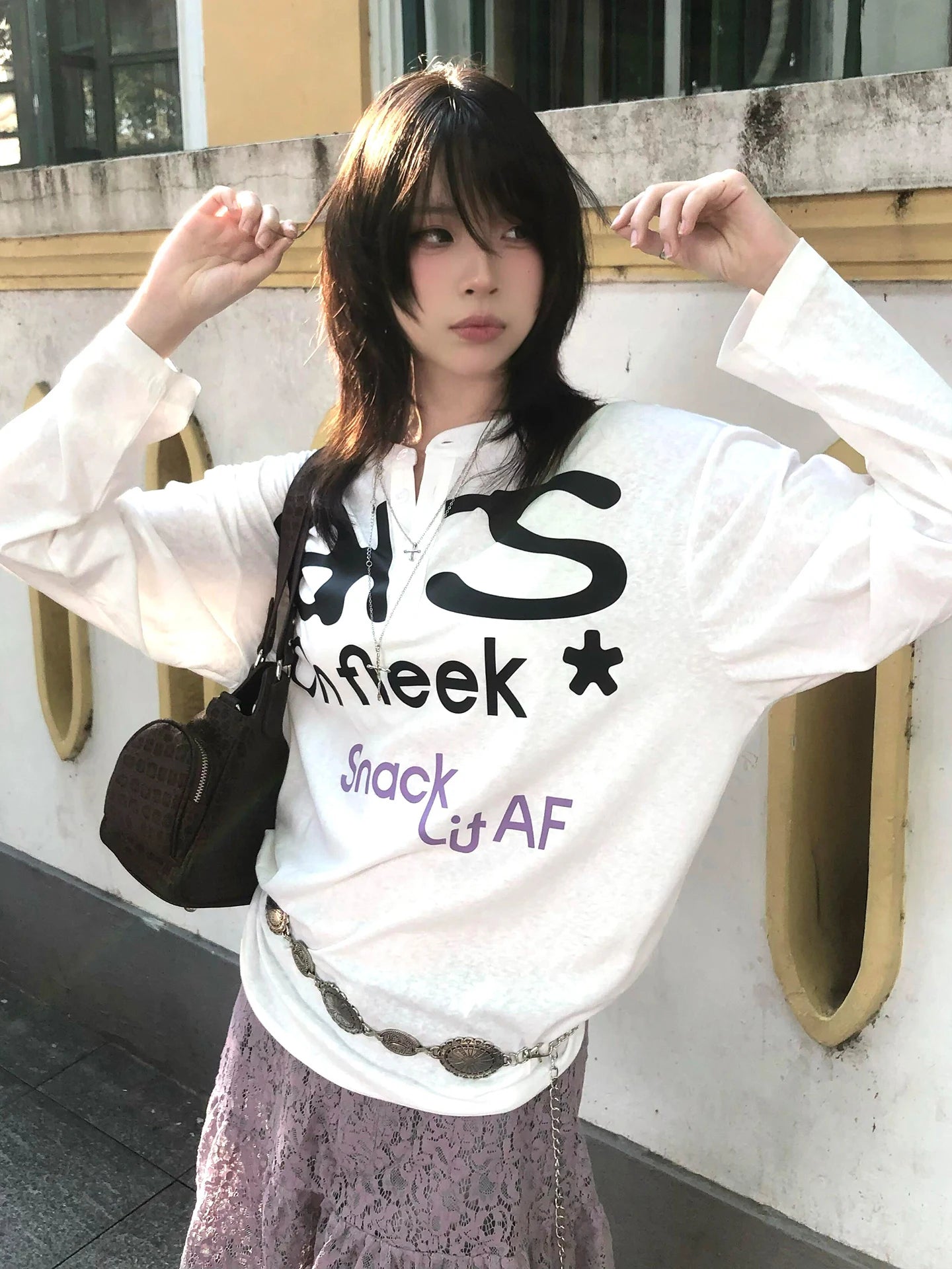 Schickes Dollette Harajuku Print T-Shirt Langarm Lässiges Oberteil Vintage Grunge Top Japanische 2000er Streetwear T-Shirts