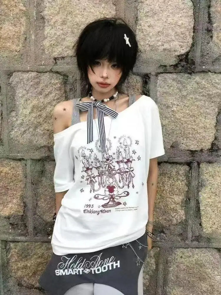 T-shirt graphique Chic Dollette Hotsweet à lacets, imprimé bougie, vêtements des années 2000, col oblique, manches courtes, mode coréenne, hauts