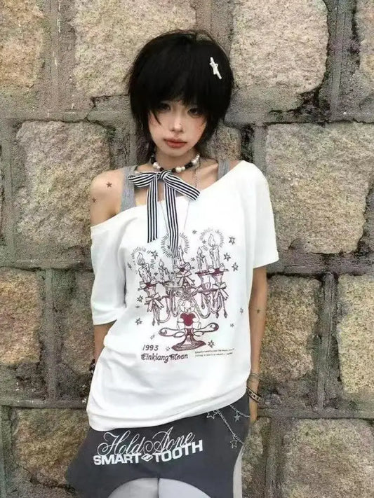 T-shirt graphique Chic Dollette Hotsweet à lacets, imprimé bougie, vêtements des années 2000, col oblique, manches courtes, mode coréenne, hauts