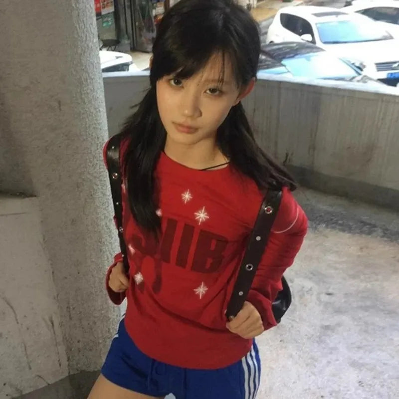 Schickes Dollette Harajuku Print T-Shirt Langarm Vintage Grafik Top Streetwear Amerikanisch Retro 90er Grunge Top Mode