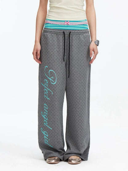 Chic Dollette 2026 new Y2K letter printed polka dot splicing fake two-piece pants for street fashion, niche fashion, versatile daily leisure