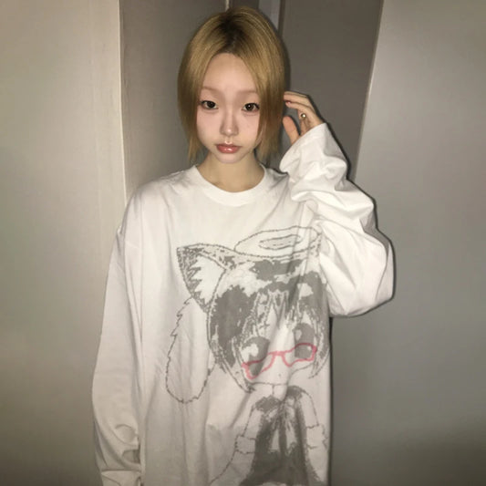T-shirt imprimé dessin animé japonais Chic Dollette Années 2000 Style coréen Manches longues T-shirt Vintage Harajuku Cutecore Top blanc Kawaii Années 2000