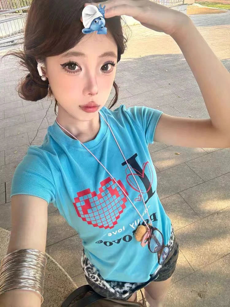T-shirt Chic Dollette Américain Rétro Col Rond Coupe Slim Motifs Graphiques Vêtements Années 2000 Mode Coréenne Femme Haut Décontracté Manches Courtes