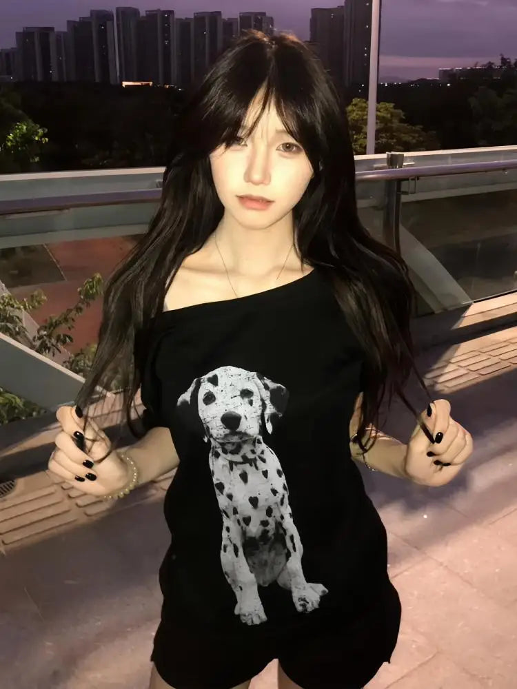 Chic Dollette Hotsweet T-Shirt Print Locker Kurzarm T-Shirt Tier Schräger Kragen Top 2000er Kleidung Koreanische Mode Damenbekleidung