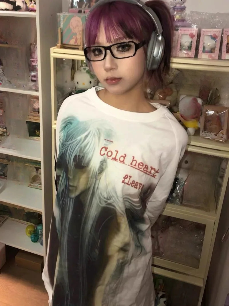 Chic Dollette Gothic Anime Cartoon Print Vintage T-shirt Hiphop Patchwork Streetwear Tops Harajuku Drop Shoulder Casual Tshirts