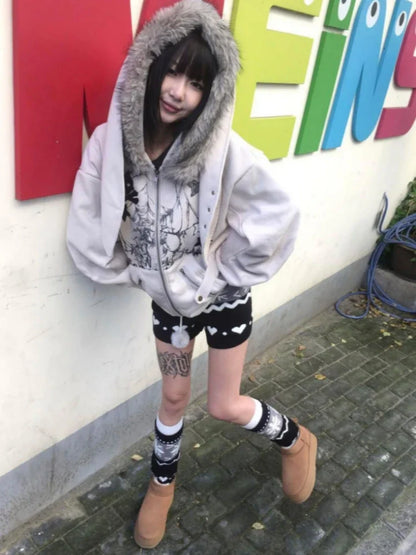 Chic Dollette Rabbit's Ears Cute Hoodies Women Y2k Aesthetic Loose Printing Vintage Coats Streetwear Zipper Grunge Sweatshirts