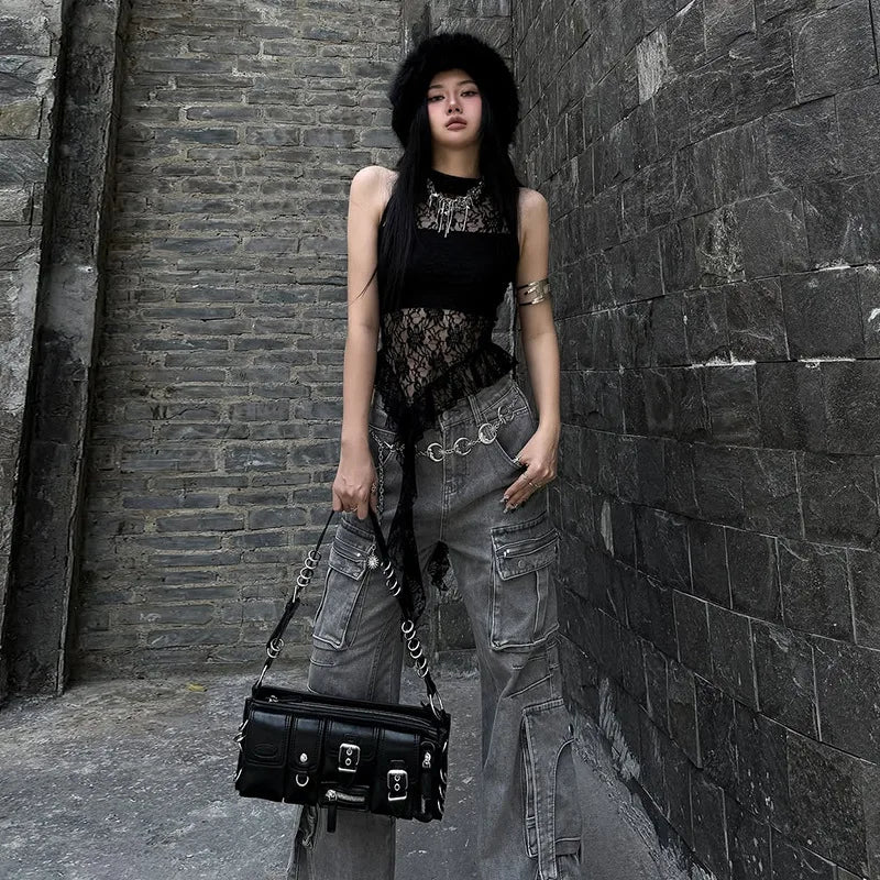 Chic Dollette Débardeur en dentelle noir sexy, haut d'été, T-shirt sans manches, vêtements années 2000, coupe ajustée, évidé, débardeurs gothiques, vêtements