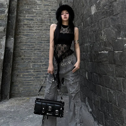 Chic Dollette Débardeur en dentelle noir sexy, haut d'été, T-shirt sans manches, vêtements années 2000, coupe ajustée, évidé, débardeurs gothiques, vêtements