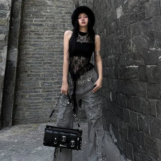 Chic Dollette Débardeur en dentelle noir sexy, haut d'été, T-shirt sans manches, vêtements années 2000, coupe ajustée, évidé, débardeurs gothiques, vêtements