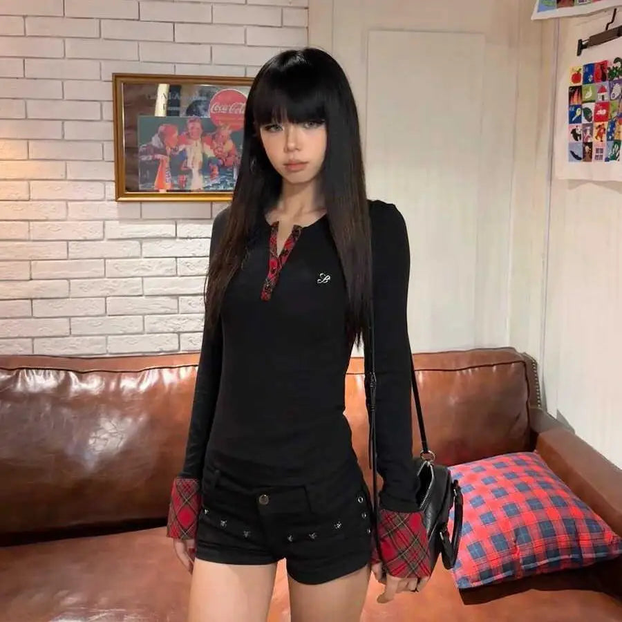 Chic Dollette Vintage T-Shirt Patchwork Langarm Skinny Karo Grunge Top Streetwear Amerikanisch Retro 90er T-Shirts Herbst