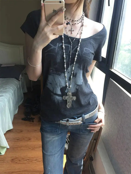 Chic Dollette Amerikanisches Retro T-Shirt Elastisches Kurzarm-Print Grafik-Top Streetwear Japanisches Grunge Top Ästhetisch