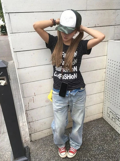 Chic Dollette Vintage T Shirts Women Short Sleeve Striped Printed Skim Grunge Gothic Y2k Aesthetic Harajuku Tops Ladies Fashion
