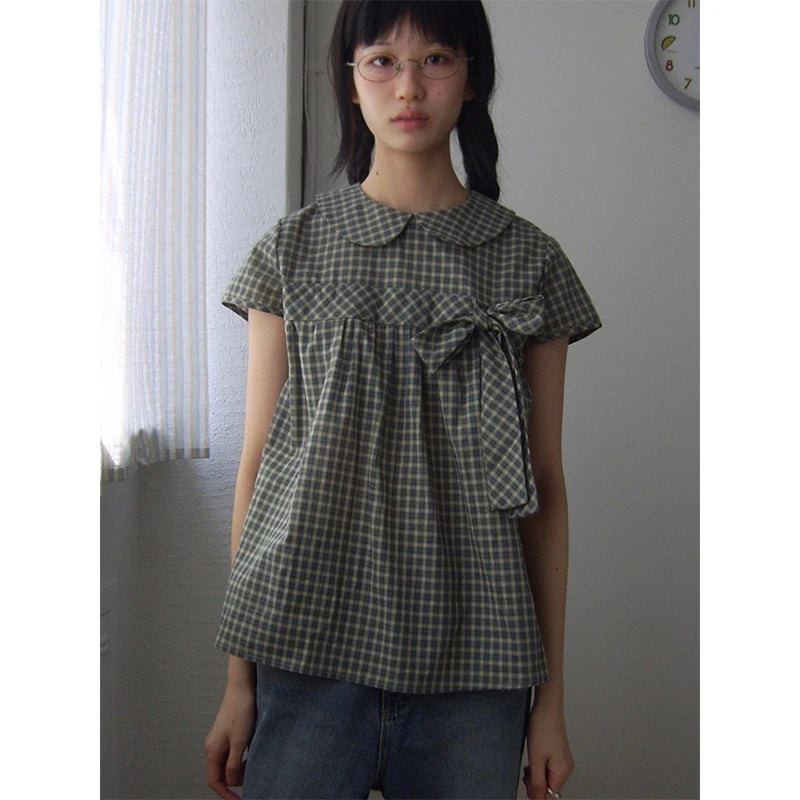 Chic Dollette Plaid Shirts Women Japanese Harajuku Bow Peter Pan Collar Blouses Summer Korean Aesthetic Short Sleeve Casual Tops New