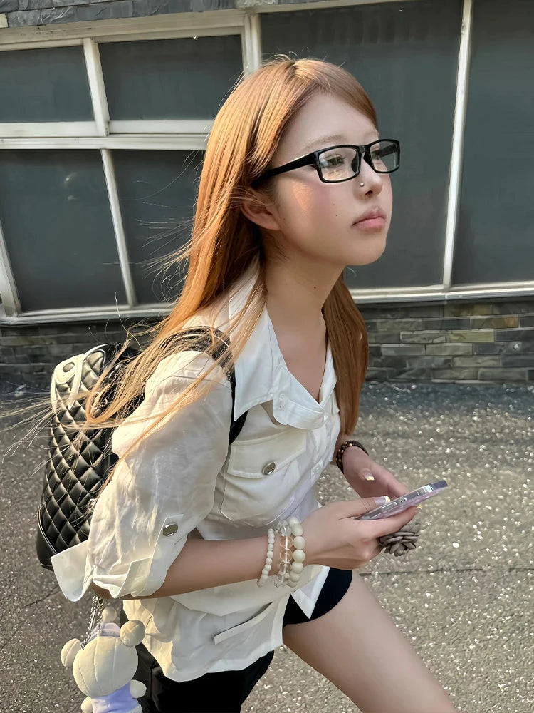 Elegantes Dollette-Shirt im koreanischen Stil, Halbarm, weiße Bluse mit Tasche, Vintage-Top, japanische 2000er, schmale Freizeithemden