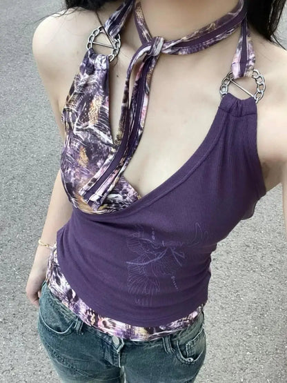 Chic Dollette Japanische Zweiteilige Oberteile Strickpullover mit V-Ausschnitt + Patchwork Tank Top Streetwear 2000er Japanisches T-Shirt Damen
