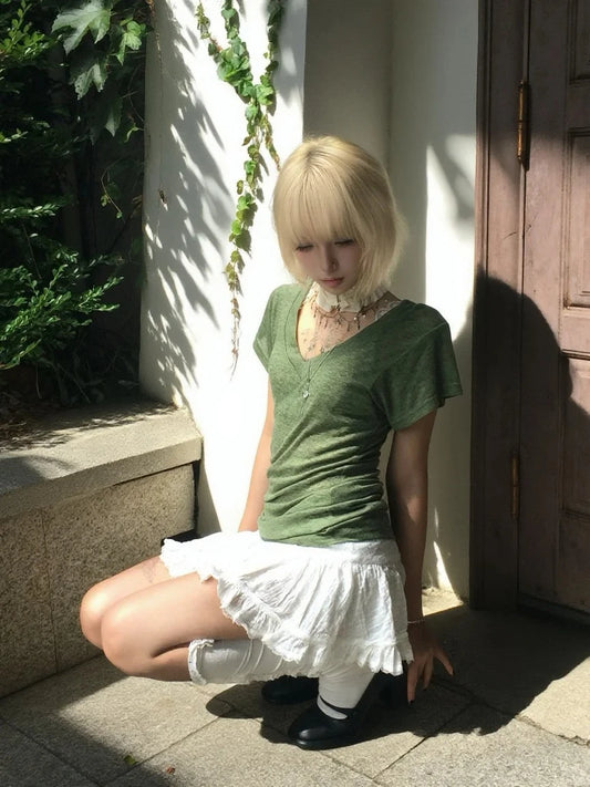 Chic Dollette T-shirt japonais à manches courtes vert uni col en V Streetwear coréen Années 2000 T-shirts Haut d'été Grunge