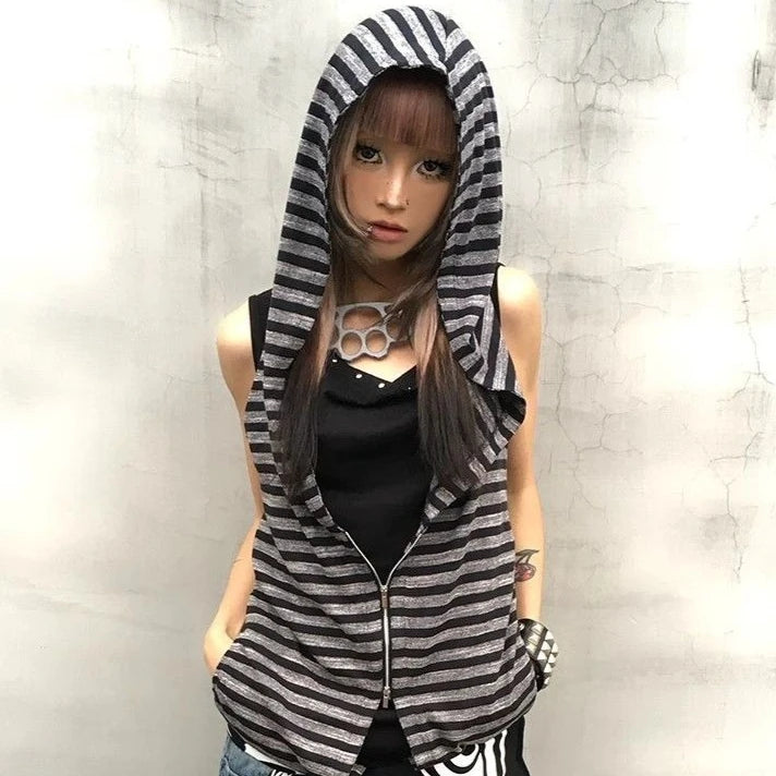 Chic Dollette Hooded Tank Top Harajuku Stripe Patchwork Grunge Camisole Streetwear Casual Women Zipper Vest