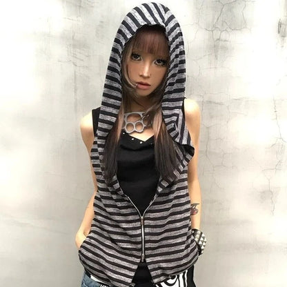 Chic Dollette Hooded Tank Top Harajuku Stripe Patchwork Grunge Camisole Streetwear Casual Women Zipper Vest