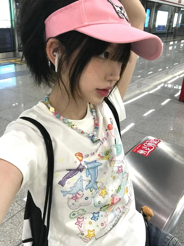 Chic Dollette Hotsweet Slim Damen T-Shirt Kurzarm Koreanische Mode 2000er Kleidung Sommer Top Print Grafik T-Shirts
