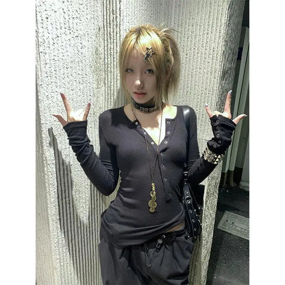 Chic Dollette Japanisches T-Shirt Langarm Button Schwarz Tee Top Streetwear American Retro 90er Crop Top Basic T-Shirts