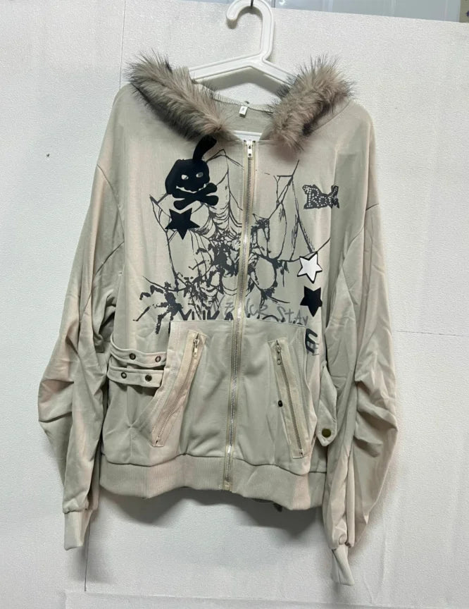 Chic Dollette Rabbit's Ears Cute Hoodies Women Y2k Aesthetic Loose Printing Vintage Coats Streetwear Zipper Grunge Sweatshirts