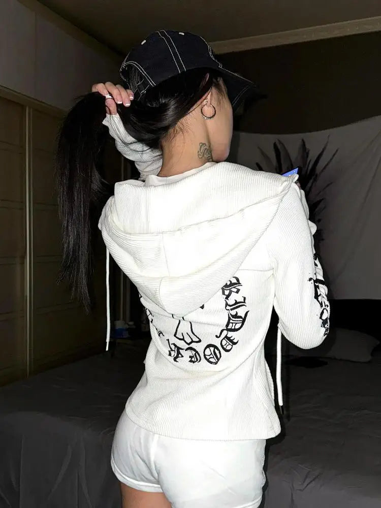 Chic Dollette Reißverschluss-Kapuzenpullover Langarm Streetwear Koreanische Modebedruckte Damen-Sweatshirts 2000er Kleidung Herbst Oberteil Chic