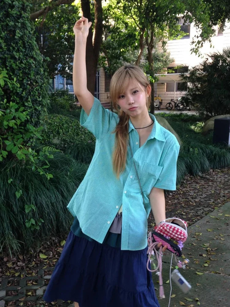 Chic Dollette Harajuku Plaid Shirt Women Short Sleeve Casual Loose Blouse And Shirt Y2k Vintage Tops Streetwear American Retro Shirt