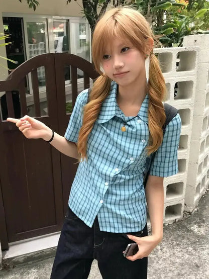 Chic Dollette  Japanese Plaid Shirt Women Short Sleeve Irregular Blouse And Shirt Korean Style Vintage Shirts 2000s Aesthetic