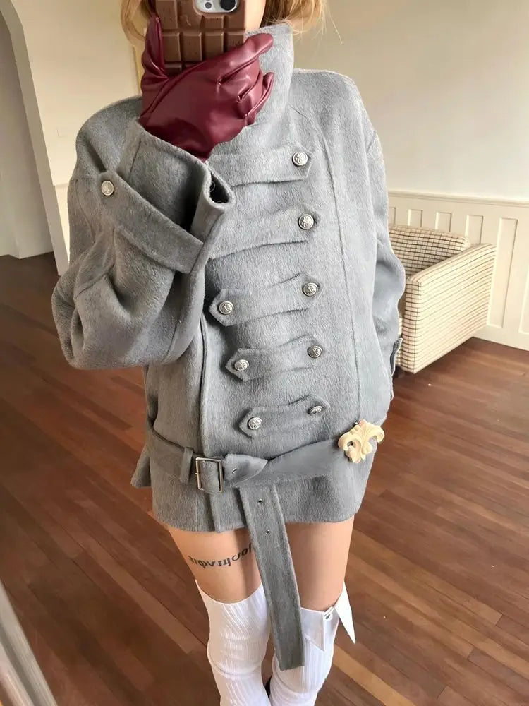 Chic Dollette Imitation Woolen Blend Coat Women's Double Breasted Retro Court Style Jacket Stand Collar Double Buttoned Winter Outerwear Warm