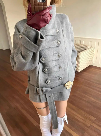 Chic Dollette Imitation Woolen Blend Coat Women's Double Breasted Retro Court Style Jacket Stand Collar Double Buttoned Winter Outerwear Warm